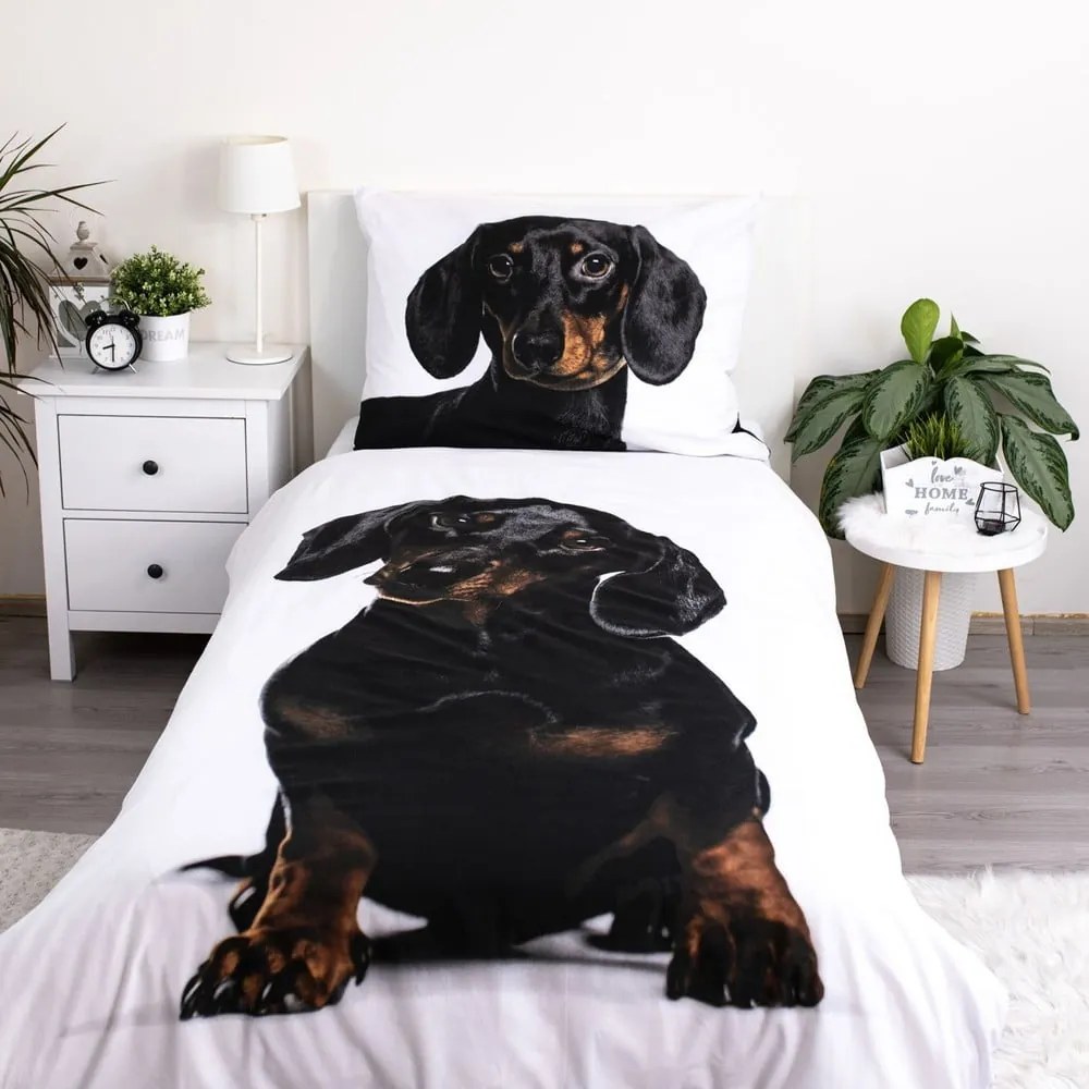 Czarno-biała bawełniana pościel dziecięca jednoosobowa 140x200 cm Dachshund – Jerry Fabrics