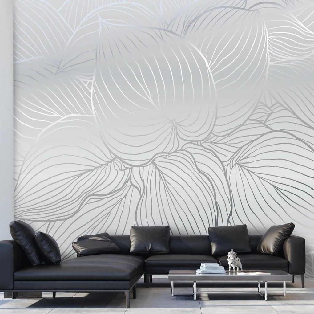 Fototapeta - Srebrne kontury liści (196x136 cm)