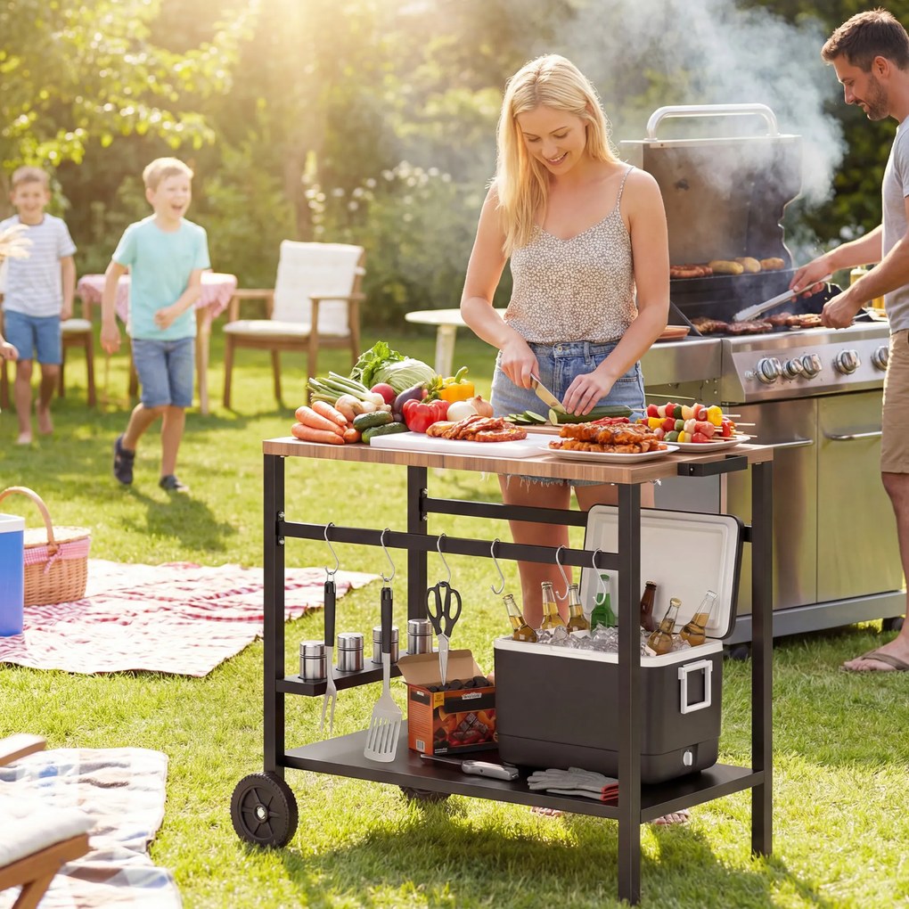 Outsunny Wózek kuchenny na kółkach, stolik serwisowy z haczykami, uchwyt na napoje, metalowy, 97 x 51 x 83 cm Czarny+Brązowy | Aosom PL