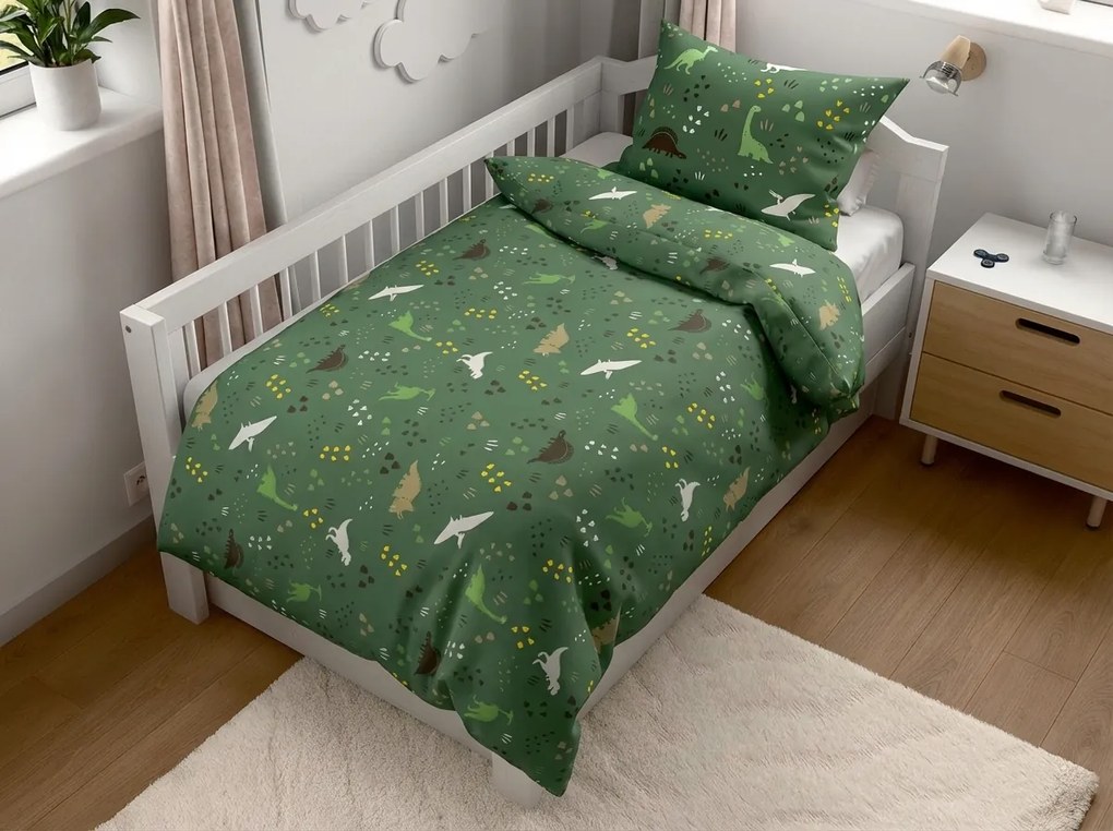 PrzytulneMieszkanie.pl PrzytulneMieszkanie.pl Bawełniana pościel do łóżeczka DINO STEPS ciemnozielona Rozmiar pościeli: 45 x 65 cm | 90 x 135 cm