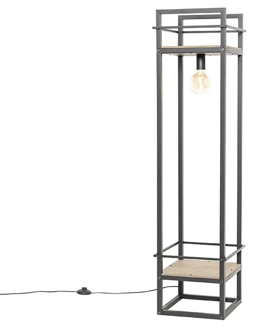 Industrialna lampa stojąca czarna z drewnem - Cage RackPrzemysłowy Oswietlenie wewnetrzne