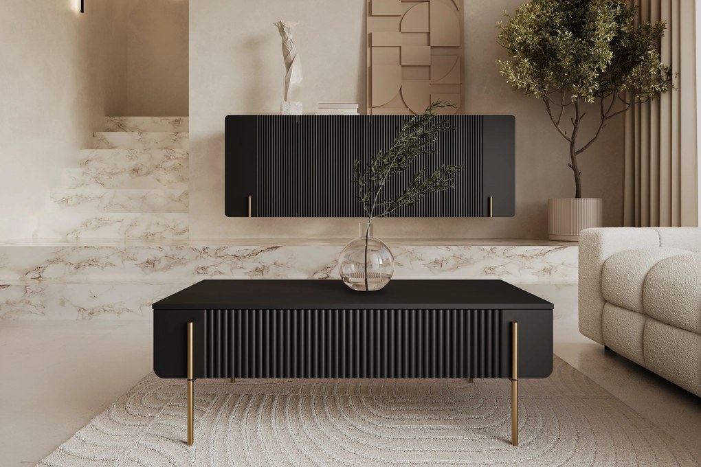 Stolik kawowy Malmi 100 cm z szufladami - czarny mat / złote nóżki