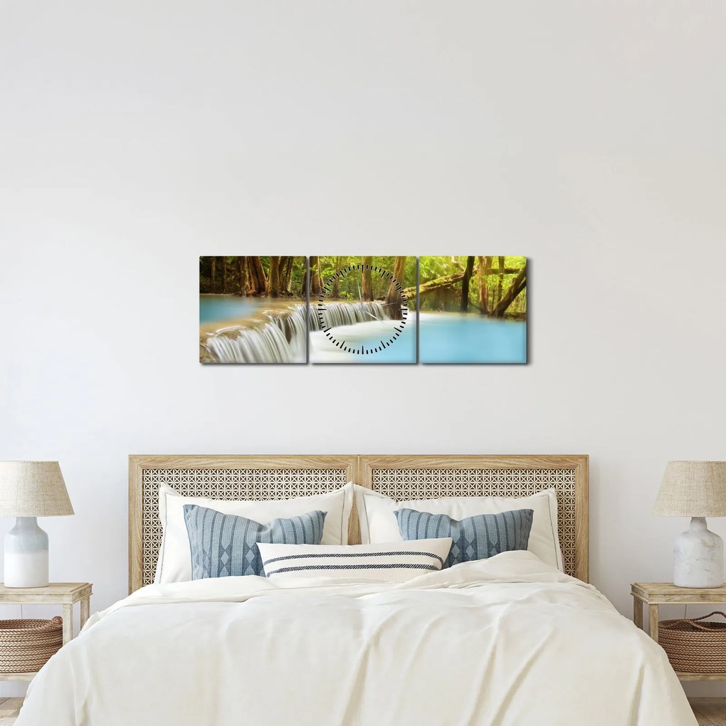 Obraz wodospadu Huai Mae Kamin w lesie (z zegarem) (90x30 cm)