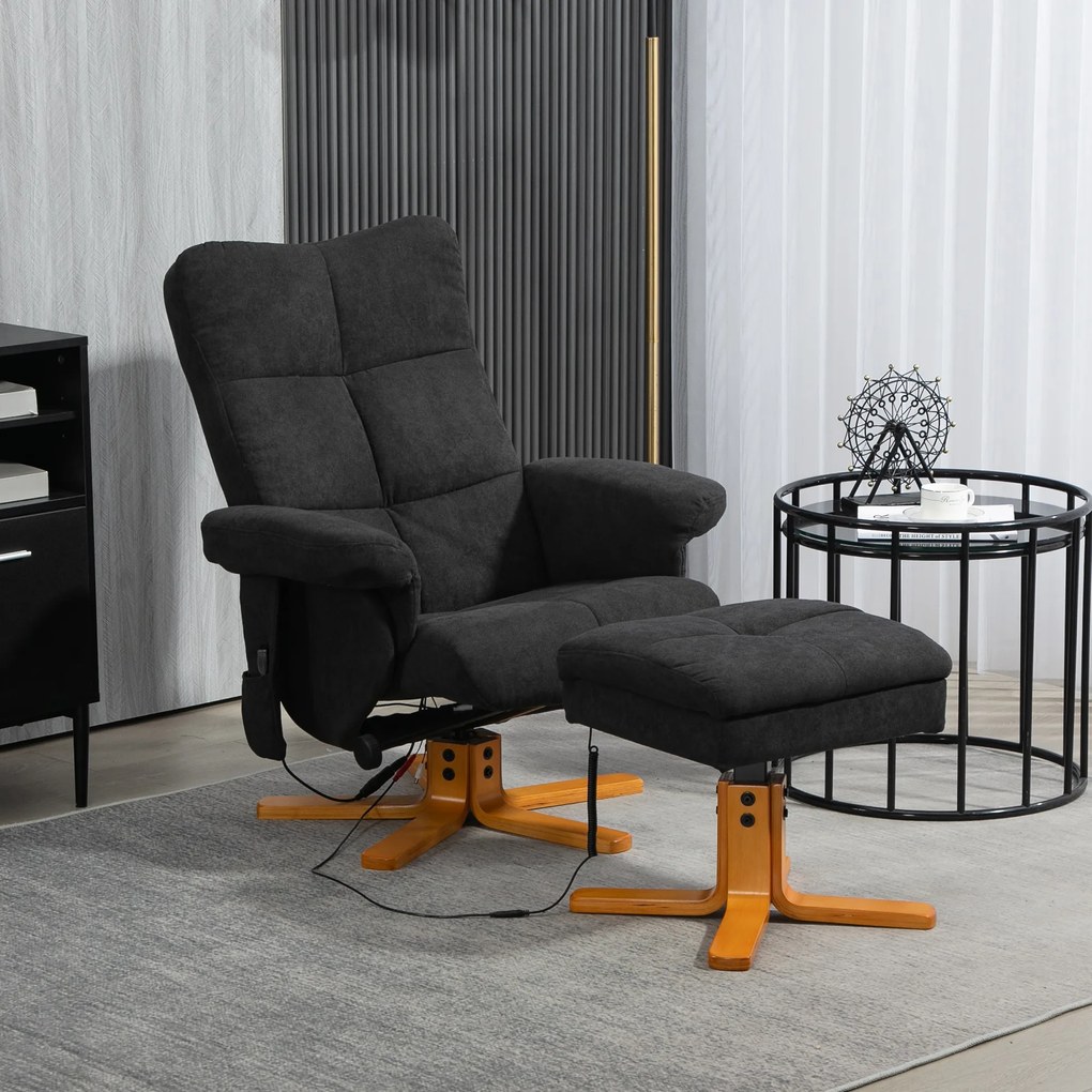 HOMCOM Fotel Masujący z Funkcją Leżenia i Podnóżkiem, Nachylenie 145°, Poliester, 80 x 86 x 99 cm, Czarny