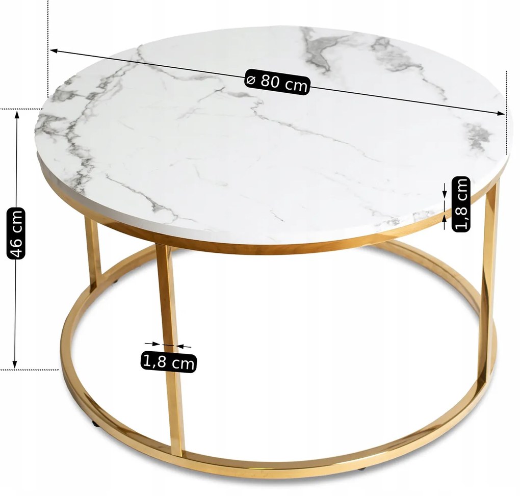 Stolik Kawowy CLIFF MAX 80 cm Biały Marmur/Złoty Nowoczesny Glamour