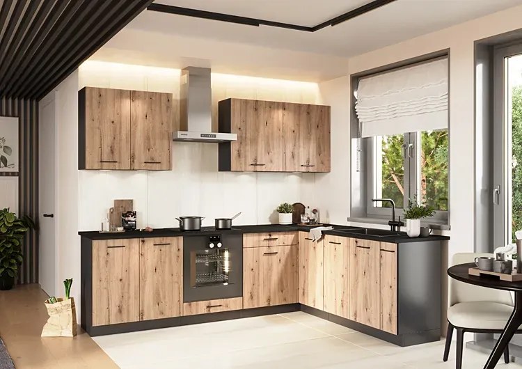 Zestaw mebli do kuchni 260 cm grafit + dąb artisan - Coleo 28X