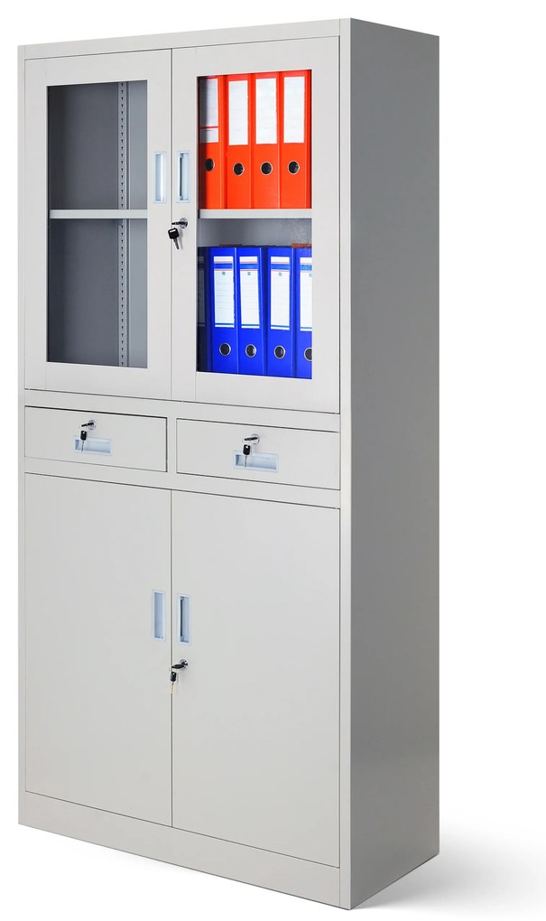 Biurowa przeszklona szafa metalowa na akta z szufladami EDMUND, 900 x 1850 x 400 mm, szara