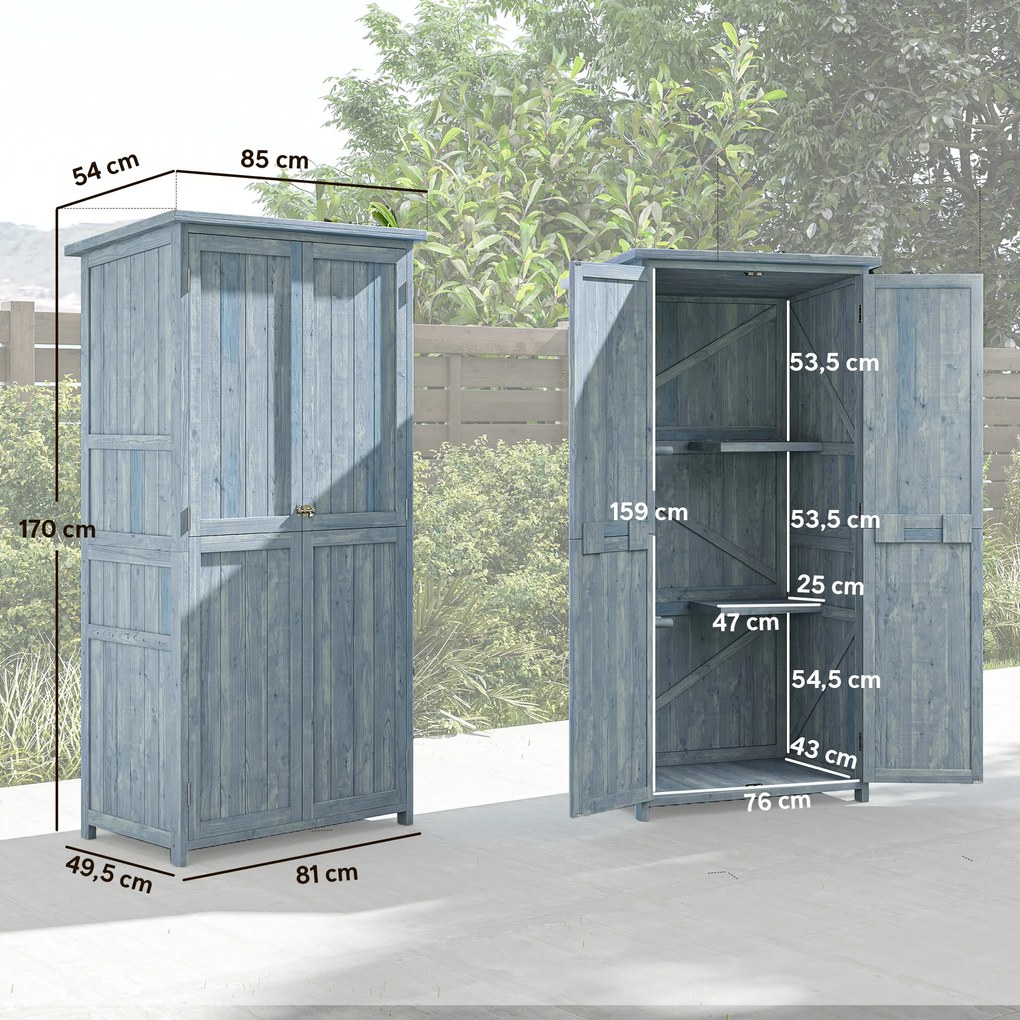 Outsunny Szafka ogrodowa z drewna odporna na warunki atmosferyczne, domek na narzędzia z podwójnymi drzwiami, magnetycznym zamknięciem, na taras, 85 x 54 x 170 cm, szary | Aosom PL