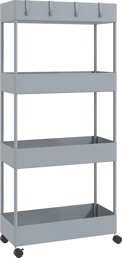 Wózek kuchenny HOMCOM z 4 półkami, 4 elastycznymi hakami, na kółkach, 40 x 19 x 90 cm, wózek do wnęki, szary