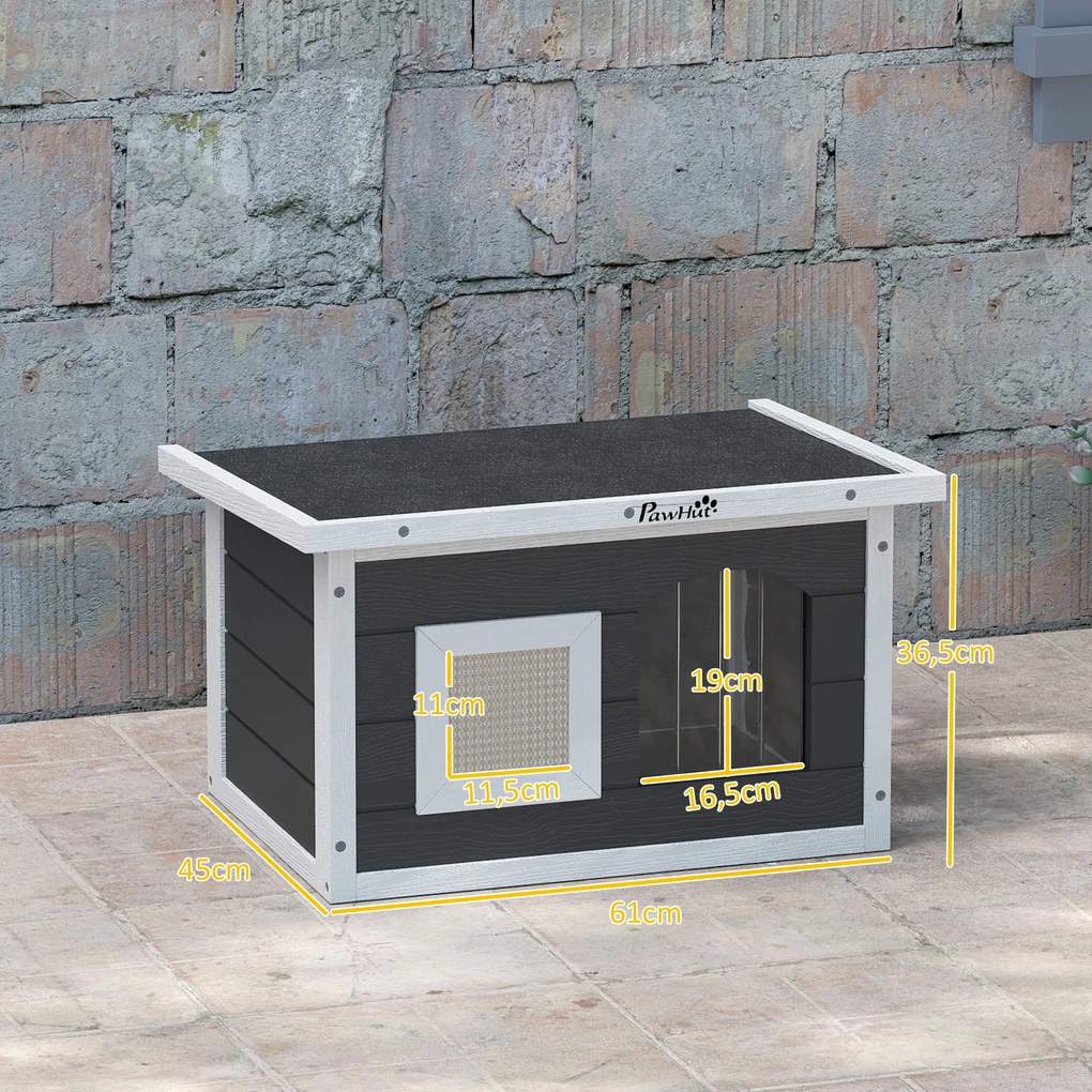 PawHut Domek dla kota i królika, miejsce odosobnienia, drewniany domek z matą do drapania, klapką, 61 x 45 x 36,5 cm, Szary