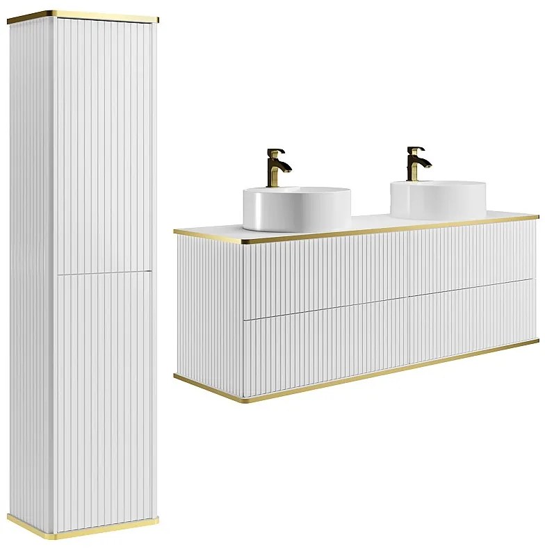 Podwieszana szafka łazienkowa prążkowana z podwójną okrągłą umywalką nablatową i słupkiem - Biała - 150 cm - KELIZA