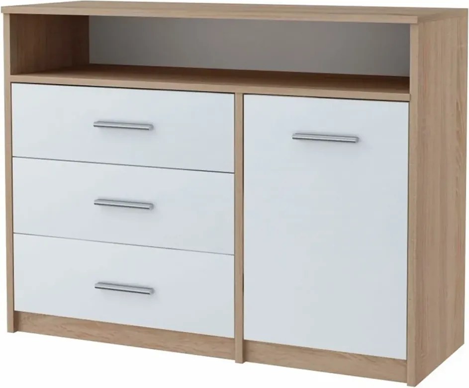 Komoda do salonu z szufladami i półkami dąb sonoma + biały K0-N12