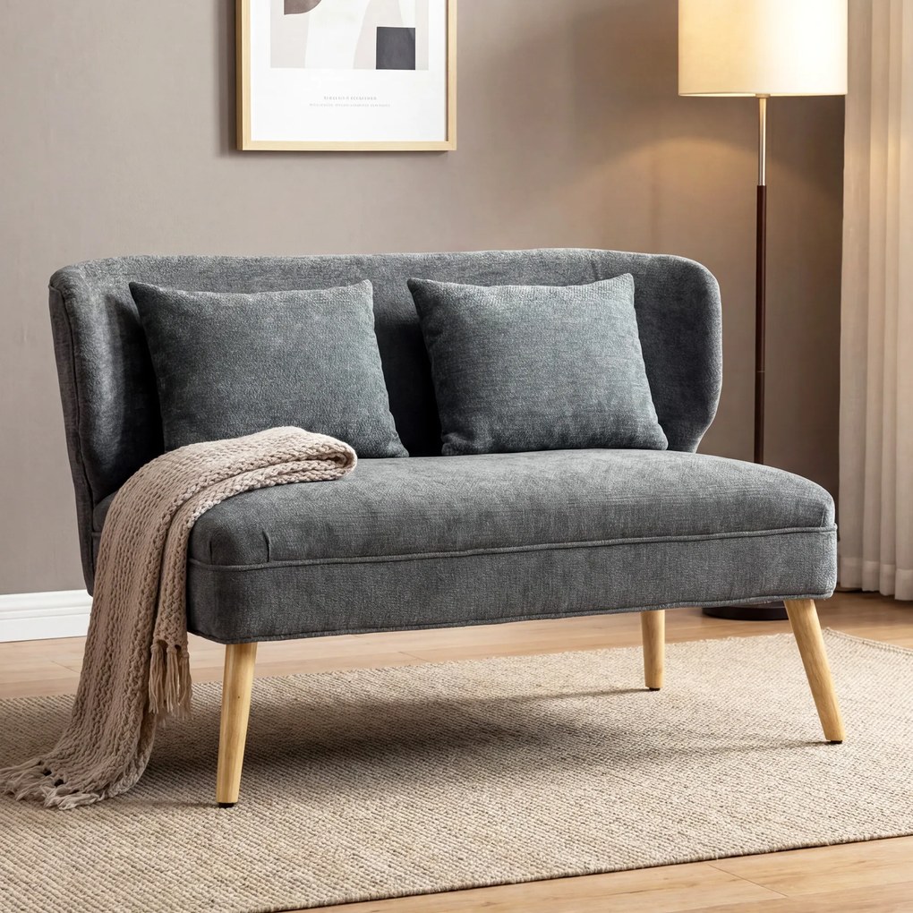 HOMCOM 2-osobowa sofa, mała sofa z chenille, oparcie skrzydłowe, grube siedzisko, nogi z drewna kauczukowego, szara | Aosom PL