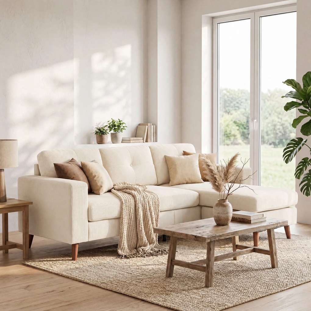 HOMCOM Narożnik 192 cm L-kształt 3-osobowa sofa z odwracalnym szezlongiem, wygląd sztruksu, do małych pomieszczeń, kremowo-biały | Aosom PL