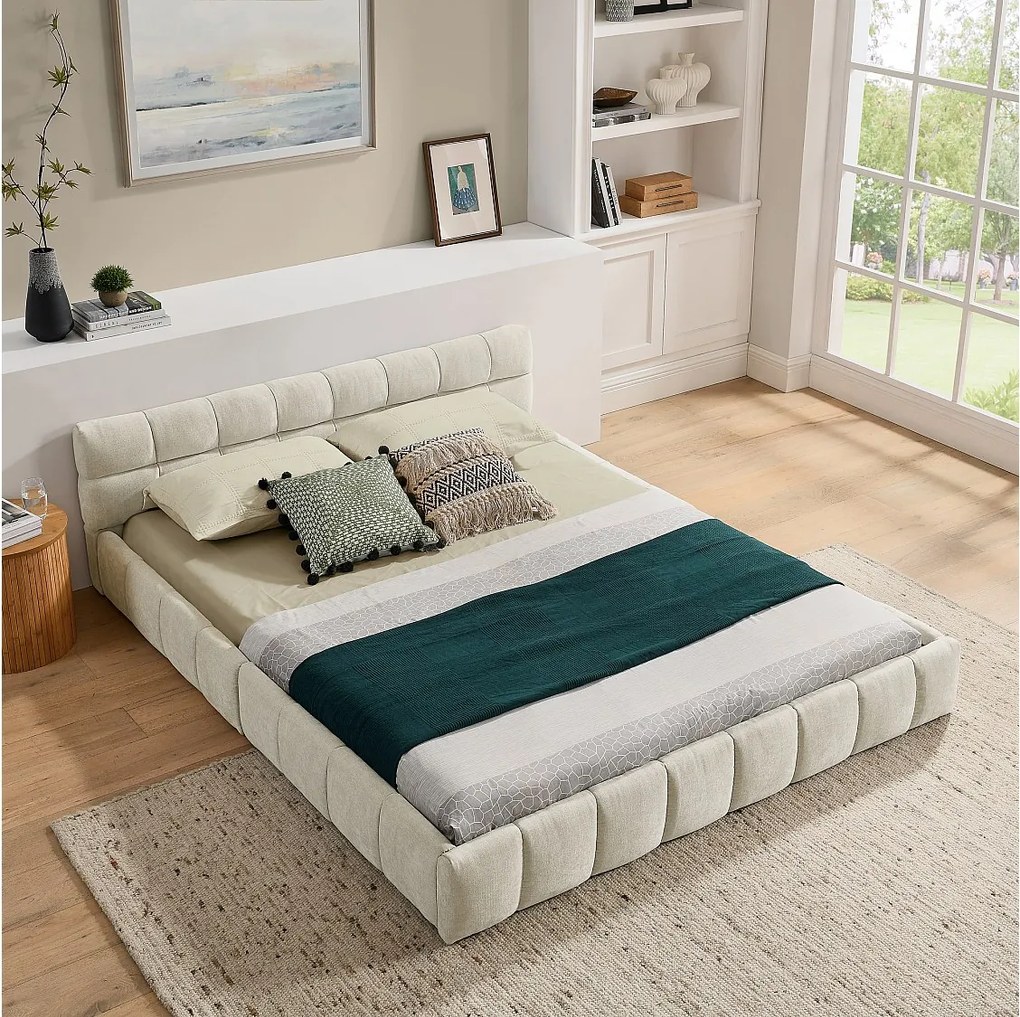 Łóżko podwójne 140 x 200 cm - Łóżko dla dorosłych z miękkim zagłówkiem i żelazną ramą - beżowa tkanina szenilowa - materac nie jest wliczony w cenę