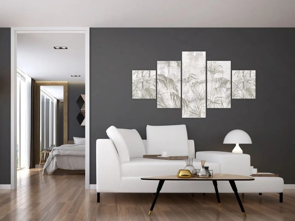 Obraz - Tropikalne rośliny na ścianie w kolorze szarym (125x70 cm)