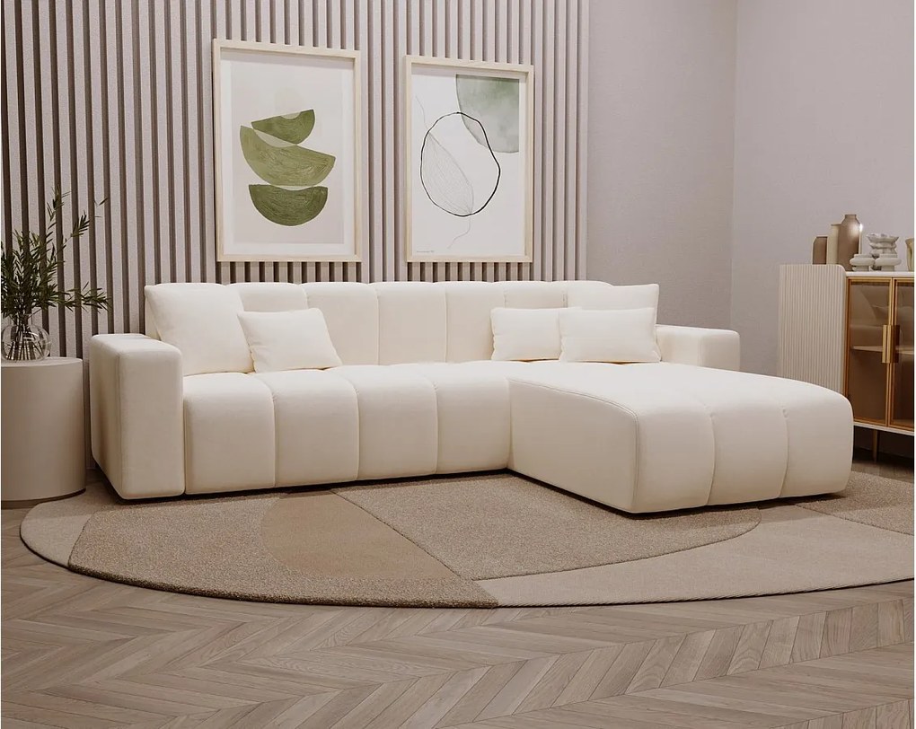 Emporius Miral narożnik w kształcie L - sofa do salonu bez funkcji spania i bez pojemnika - nowoczesny styl, prawostronny, tkanina aksamitna, kremowy (Komodo 10)