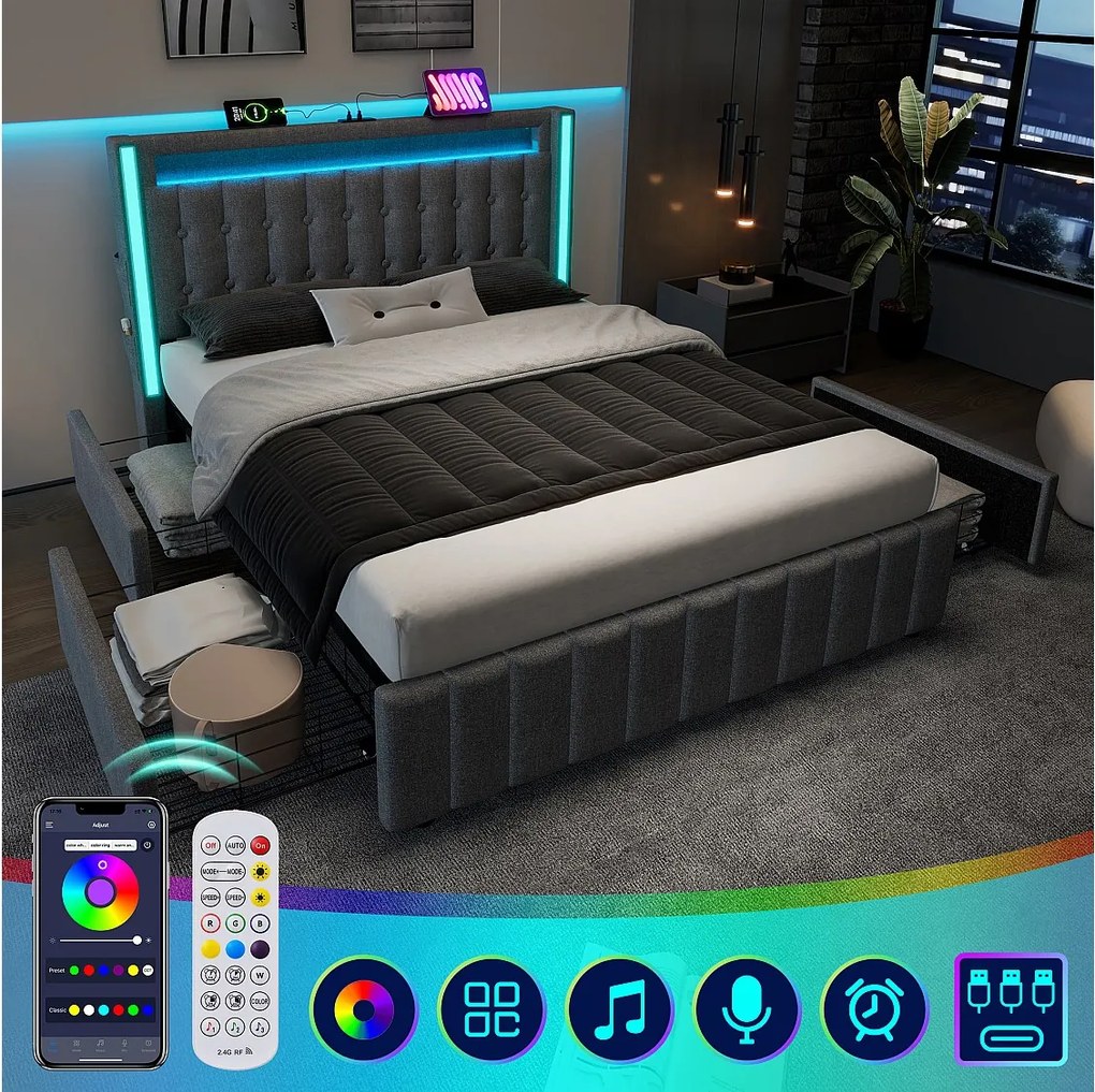 Łóżko podwójne 160x200 cm, len szary, Łóżko dla dorosłych z ładowaniem USB i diodą LED, 4 szuflady, bez materaca