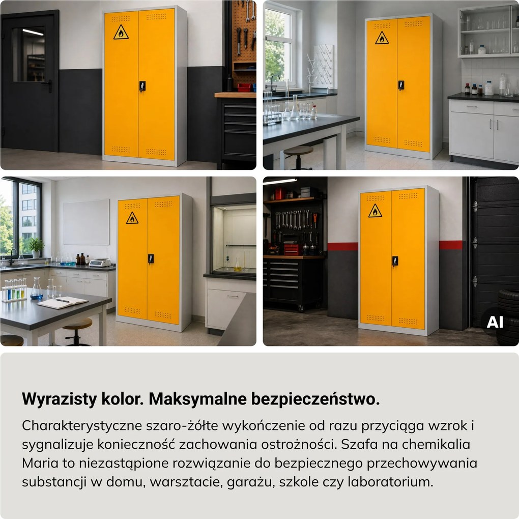 Szafa na chemikalia z wentylacją i tacami ociekowymi szaro-żółta, 900x1850x400 mm: MARIA