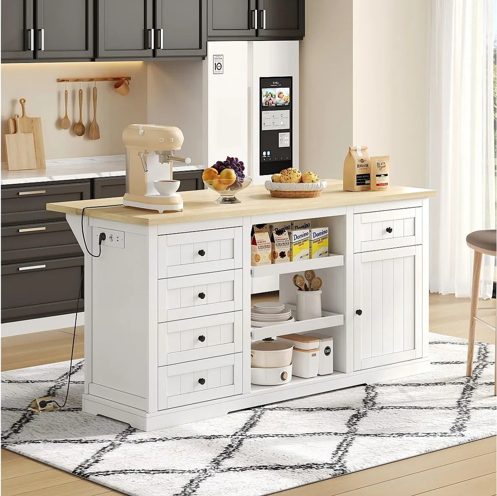 Biała wyspa kuchenna - Wózek kuchenny z 5 szufladami i 1 drzwiami - 2 wysuwane półki i gniazdko elektryczne