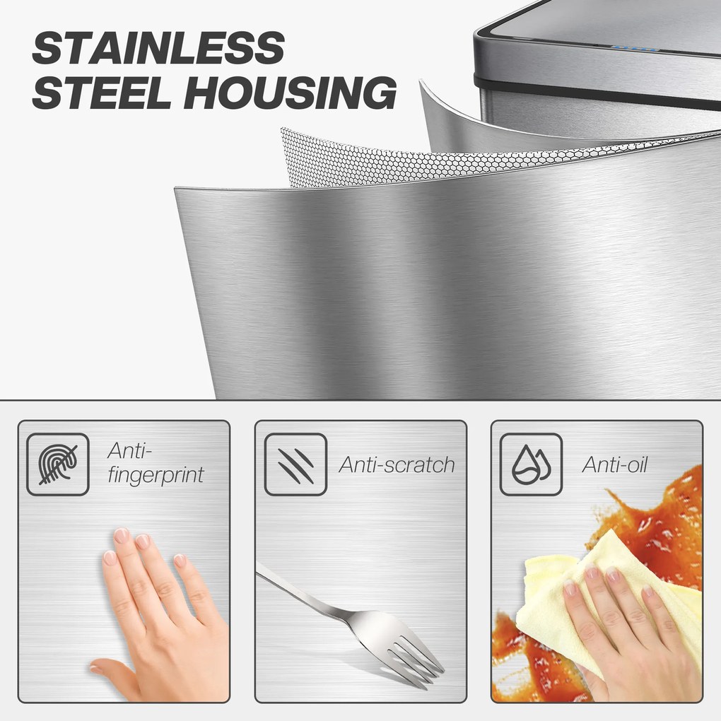 HOMCOM Kosz na śmieci 50L z czujnikiem, automatyczna pokrywa, stal nierdzewna, wielofunkcyjny, srebrny | Aosom PL