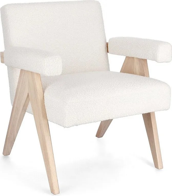 Fotel z tkaniny w kolorze kości słoniowej z nogami z drewna kauczukowego - FAIZA