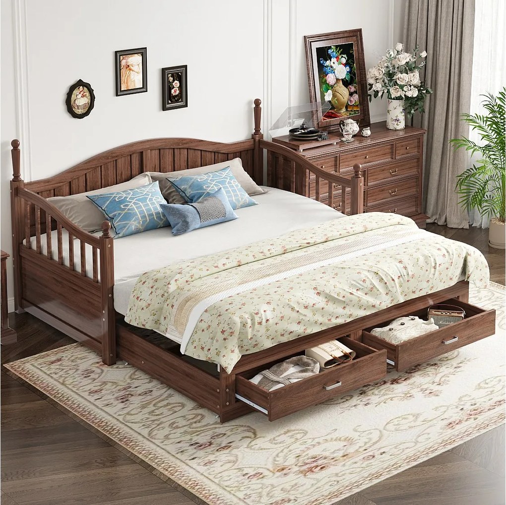 Sofa rozkładana - 90/180 x 190 cm - Sofa rozkładana - 2 szuflady - drewno sosnowe + sklejka + płyta MDF - naturalny