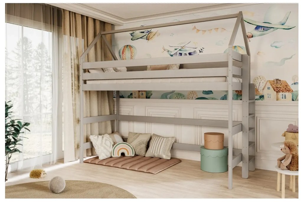 Łóżko piętrowe domek TOBI 1 180x80 szare drewniane KOCOT KIDS