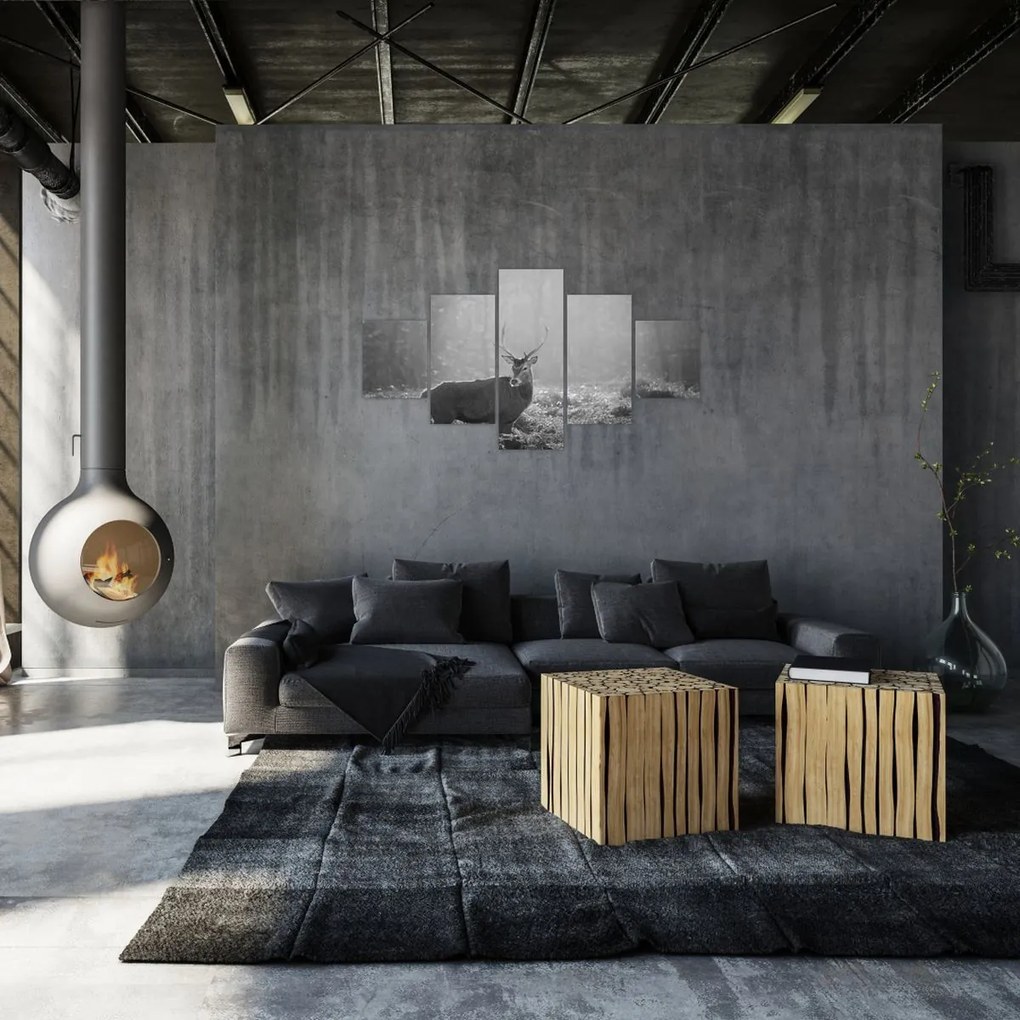 Obraz - Jeleń w lesie, czarno - biały (125x70 cm)