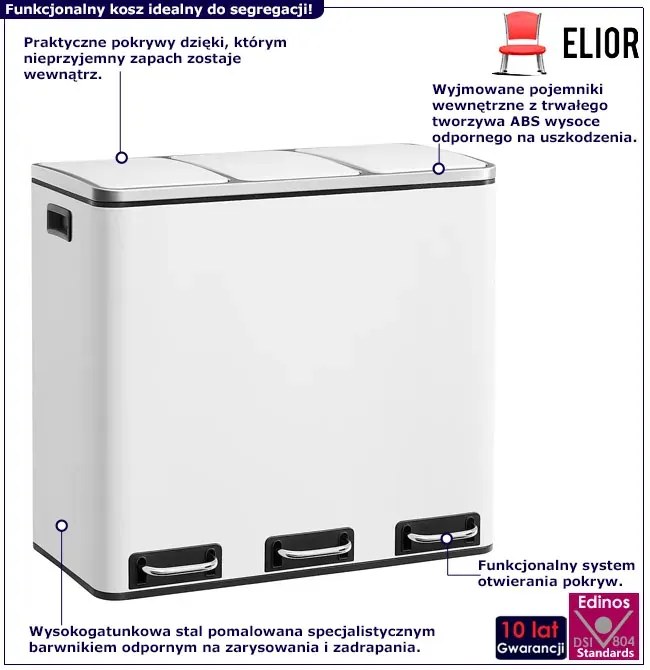 Biały stalowy kosz na śmieci z 3 pojemnikami B2-A28