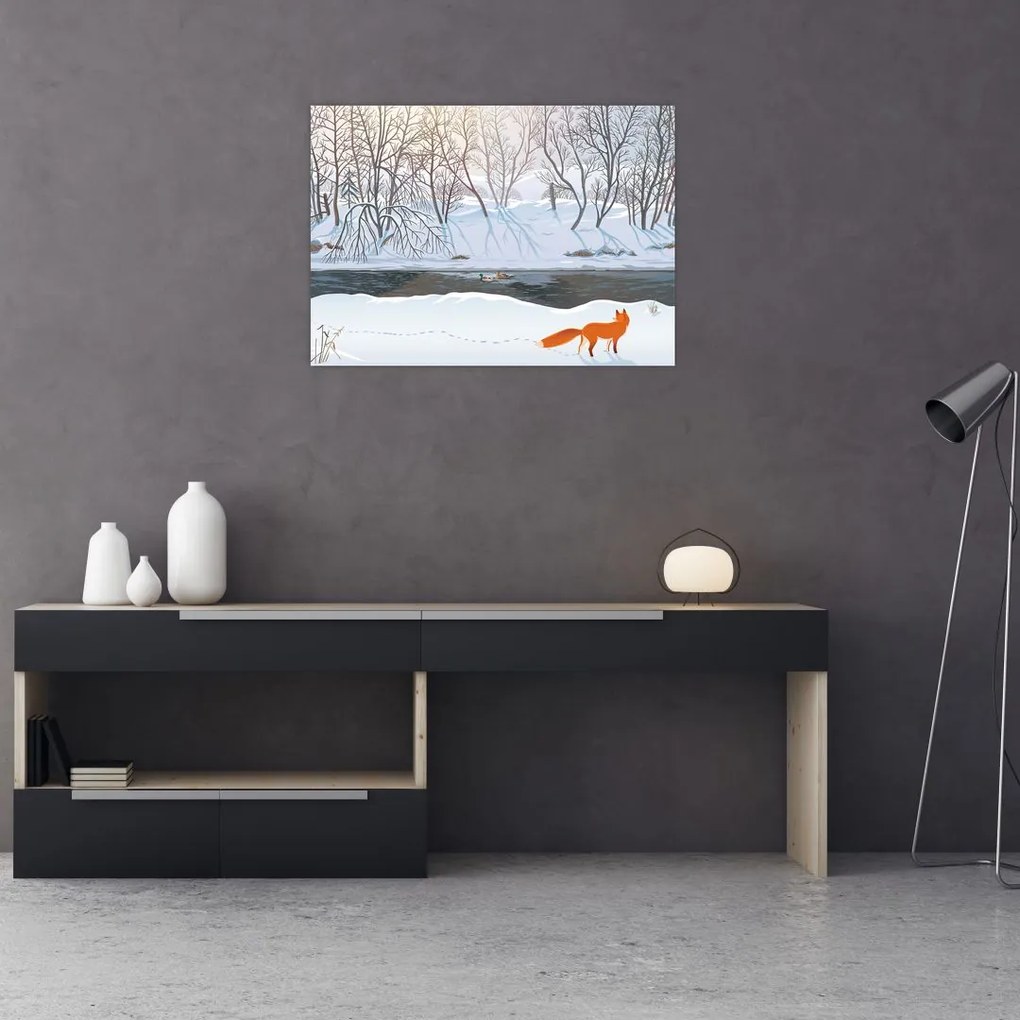 Obraz na szkle - Lis w zimowym krajobrazie (70x50 cm)