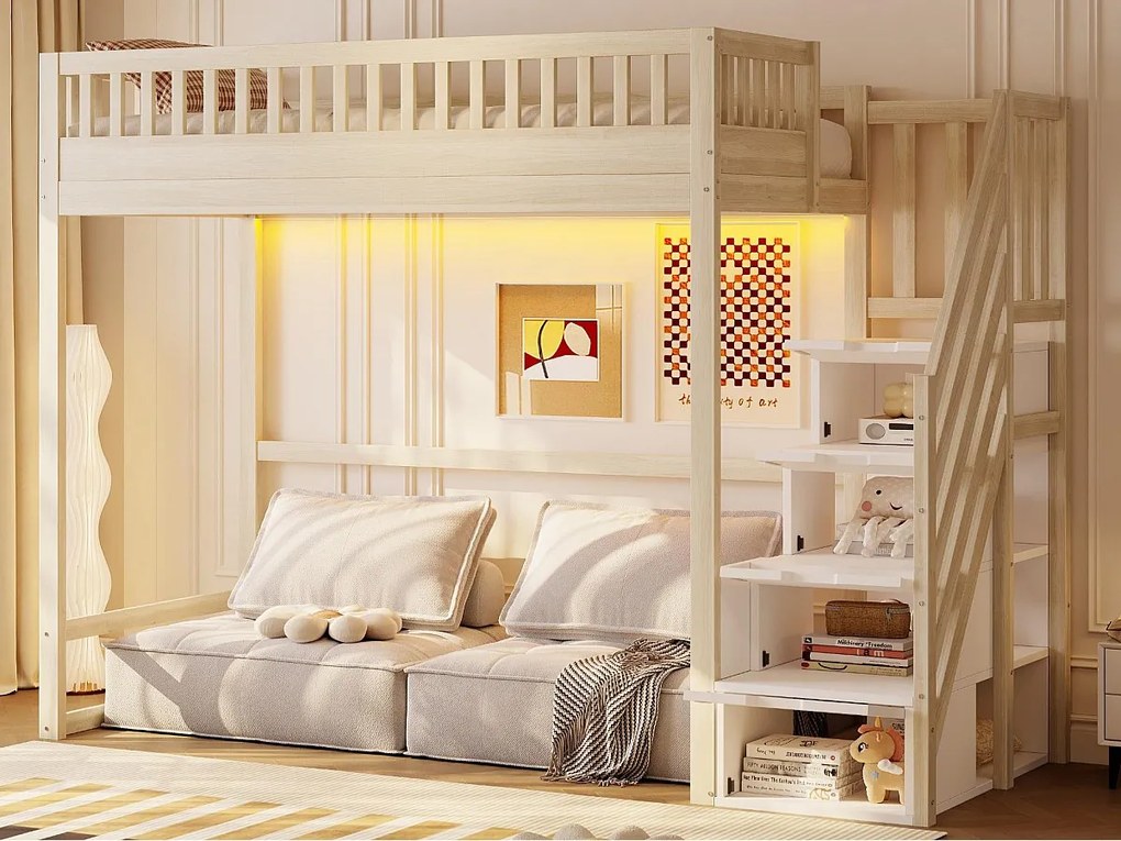 Łóżko na antresoli 90x200 cm - z drabiną bezpieczeństwa - z barierkami bezpieczeństwa - z oświetleniem LED - naturalny​ (materac nie jest wliczony w cenę)
