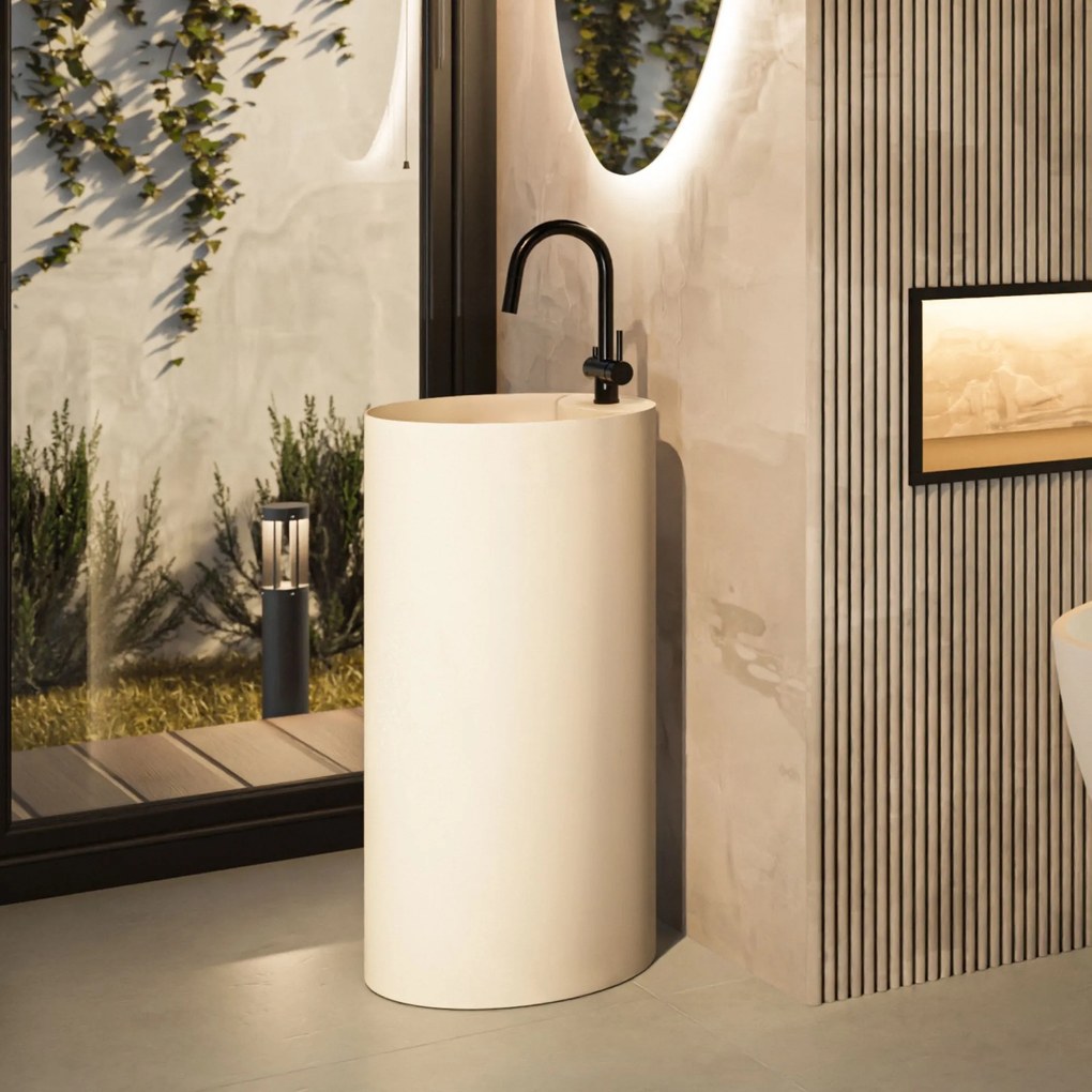 Umywalka z konglomeratu wolnostojąca okrągła beżowa matowa 87 x 44 cm KALMI BEIGE MATT z otworem na baterię : Podłączenie syfonu - Do podłogi
