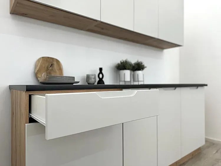 Komplet narożnych szafek kuchennych 260 cm dąb artisan + szary T5-E29