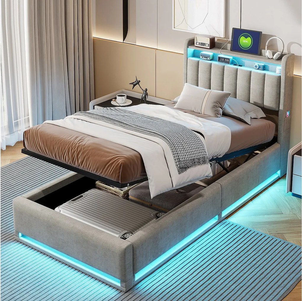 Łóżko LED RGB z zagłówkiem i schowkiem – 90 x 200 cm, USB-C i ładowarka USB, aksamit szary lub beżowy