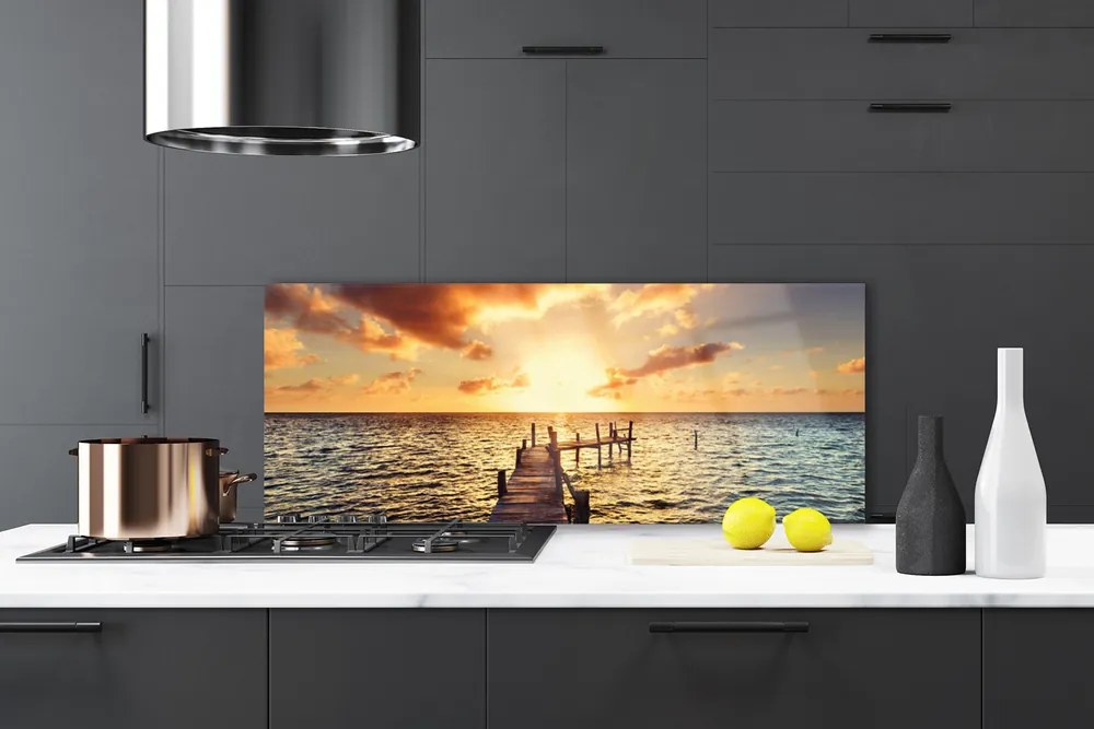 Szkło do Kuchni na Ścianę Drewniany Pomost o Zmierzchu