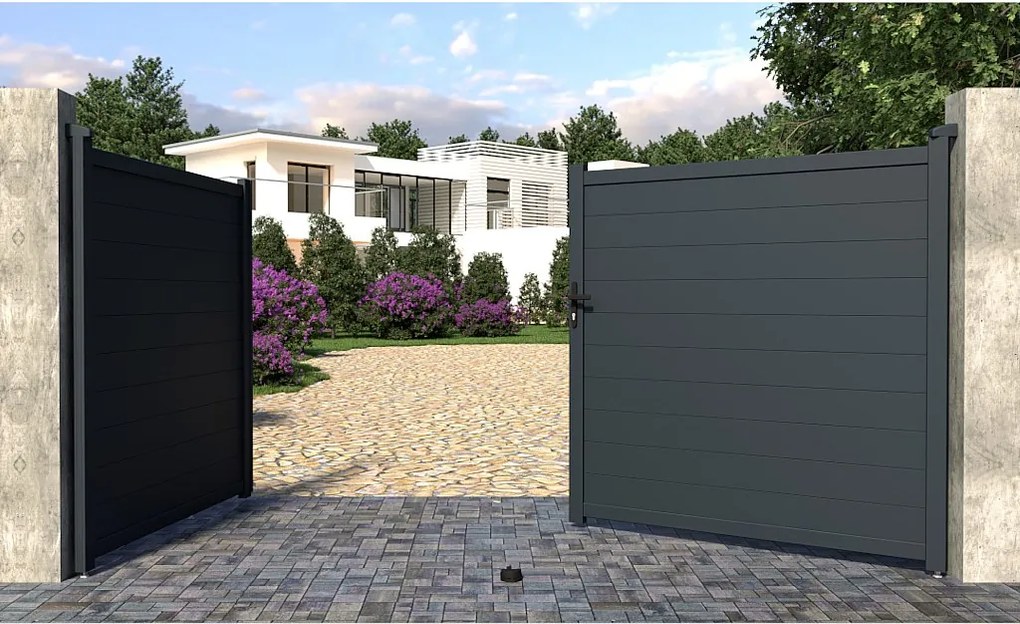 Brama wjazdowa rozwierna NAZARIO, pełna, z aluminium w kolorze antracytowym – 350 × 173 cm (szer. × wys.)