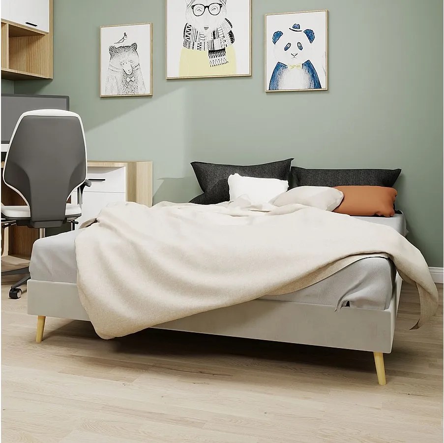 Łóżko dla dorosłych 160 x 200 cm - Łóżko małżeńskie z nogami drewnianymi - welur beżowy - materac nie jest wliczony w cenę