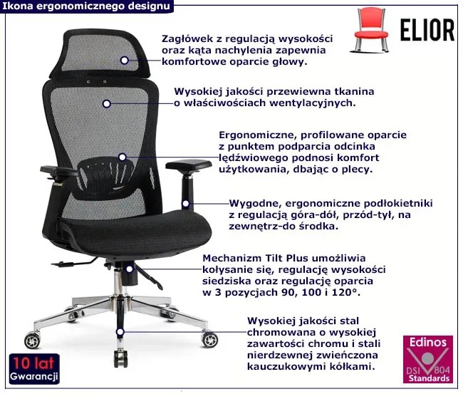 Czarny fotel obrotowy z regulacją podłokietników i zagłówka T6-L90
