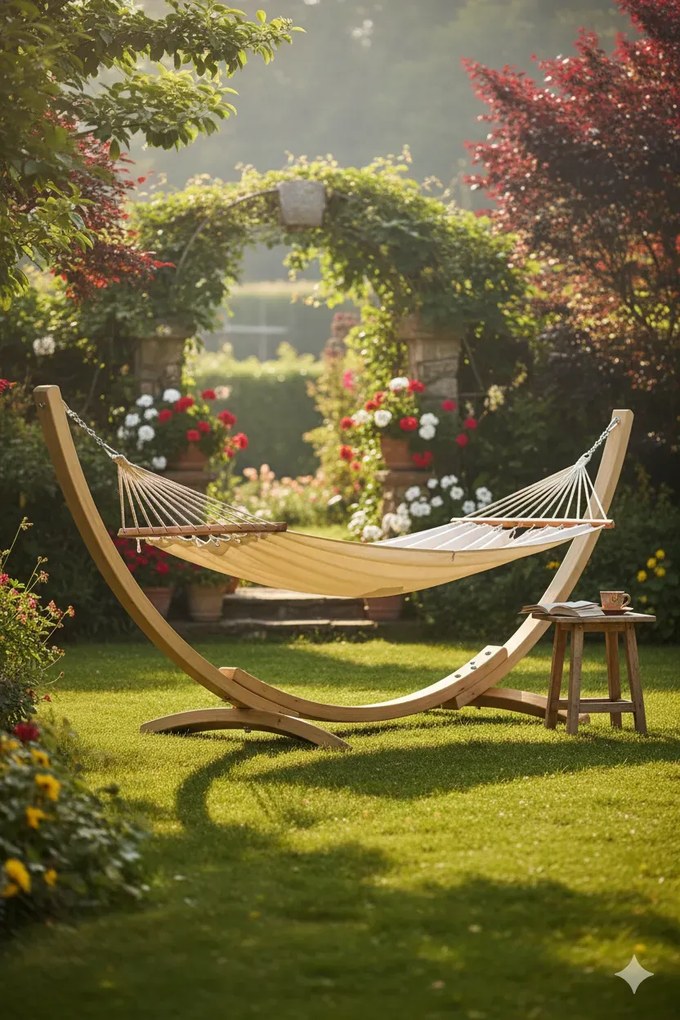 Drewniany hamak do ogrodu ze stelażem ecru K2-Z89