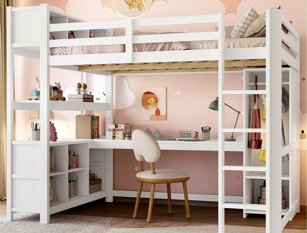 Łóżko mezzanine 140x200 cm - z przechowywaniem - z biurkiem i szafą - biały (materac nie jest w zestawie)