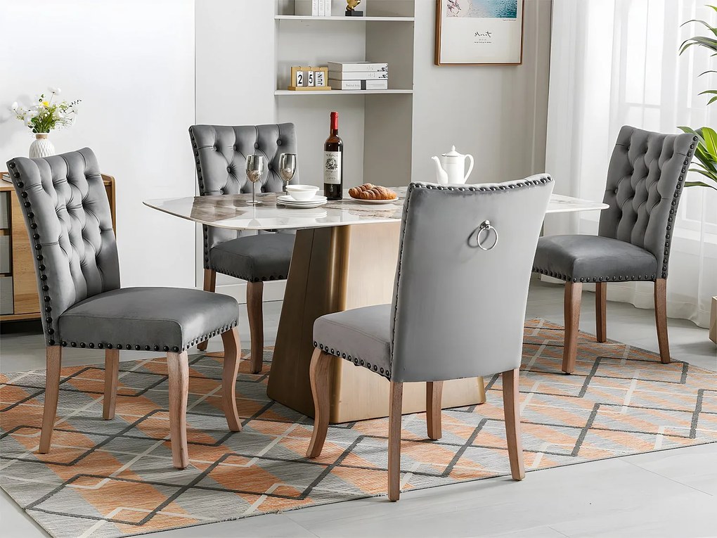 Zestaw 4 foteli tapicerowanych welurem - stelaż z litego drewna - szary