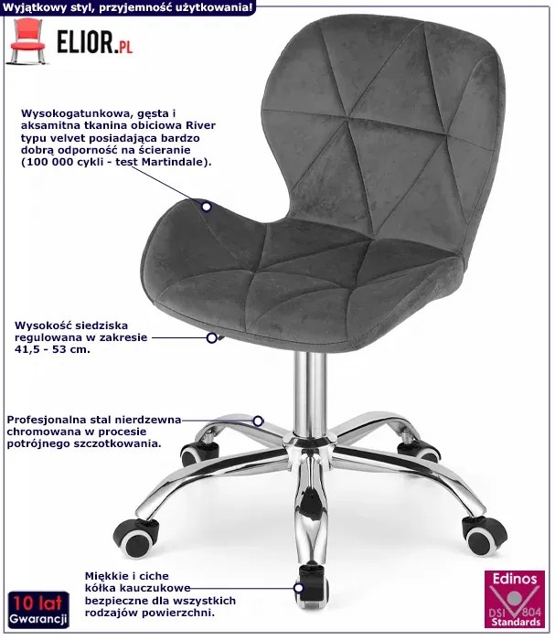 Pikowane ciemnoszare biurowe welurowe obrotowe krzesło N3-A83