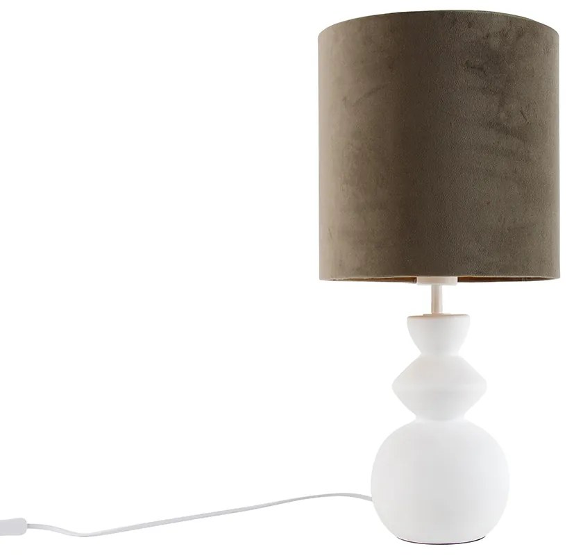 Designerska lampa stołowa biała z abażurem z weluru w kolorze taupe ze złotem 25 cm - AlisiaDesignerski Oswietlenie wewnetrzne