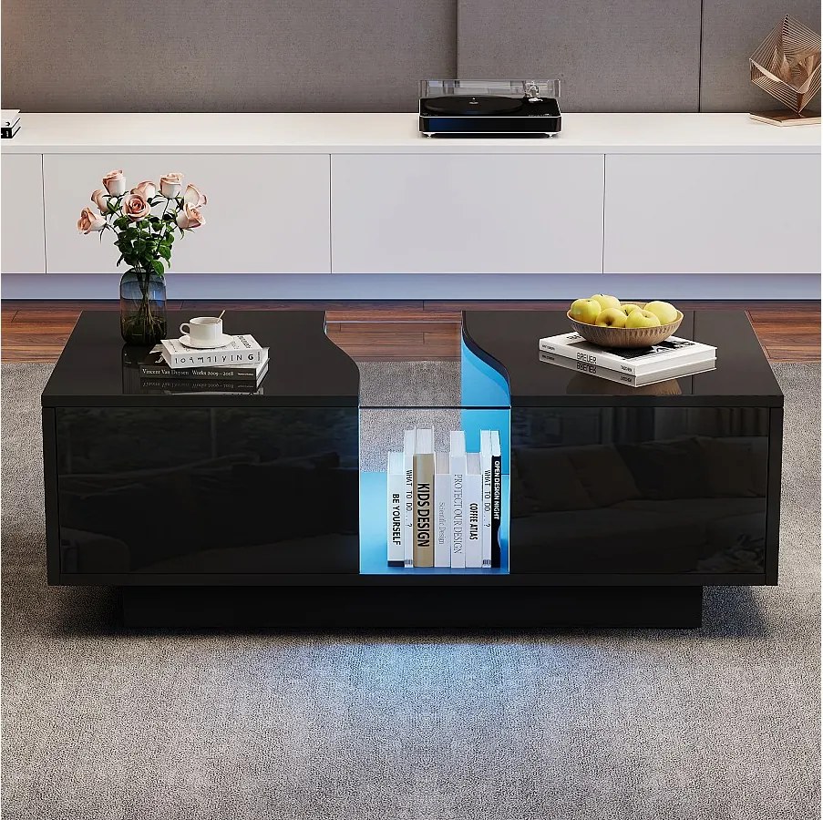 Prostokątny stolik kawowy, czarny stolik kawowy z oświetleniem LED i 2 szufladami, materiał MDF, do salonu i sypialni