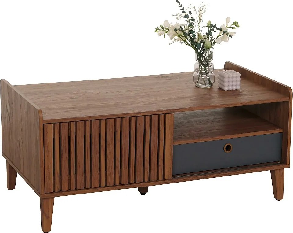 Stolik kawowy MCW-M48,  orzechowy wygląd, ciemnoszara szuflada