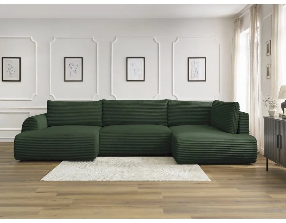 Ciemnozielony sztruksowy rozkładany/ze schowkiem narożnik (prawostronny/w kształcie litery U) Lucien – Bobochic Paris