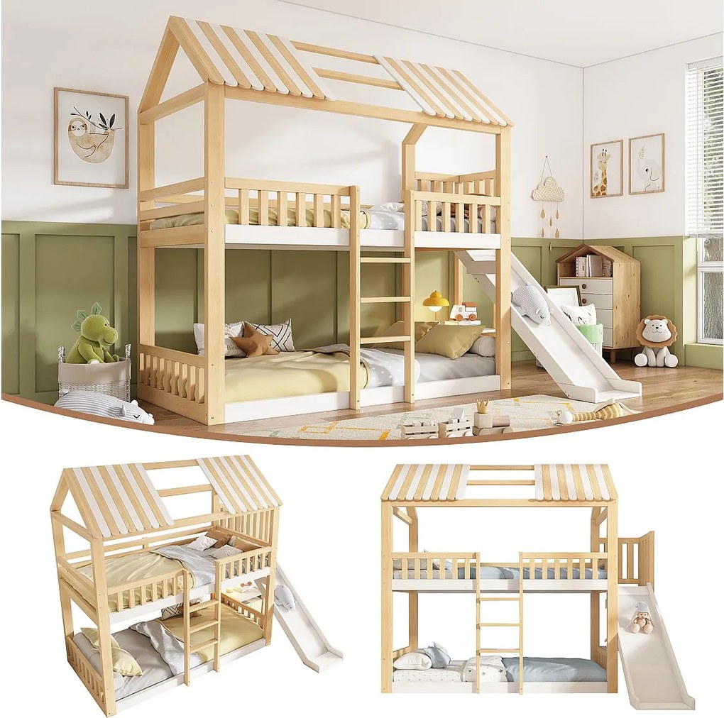 Łóżko piętrowe dla dzieci - 90 x 200 cm - z dachem + zjeżdżalnia + bezpieczne wejście + półka - drewno - naturalny + biały