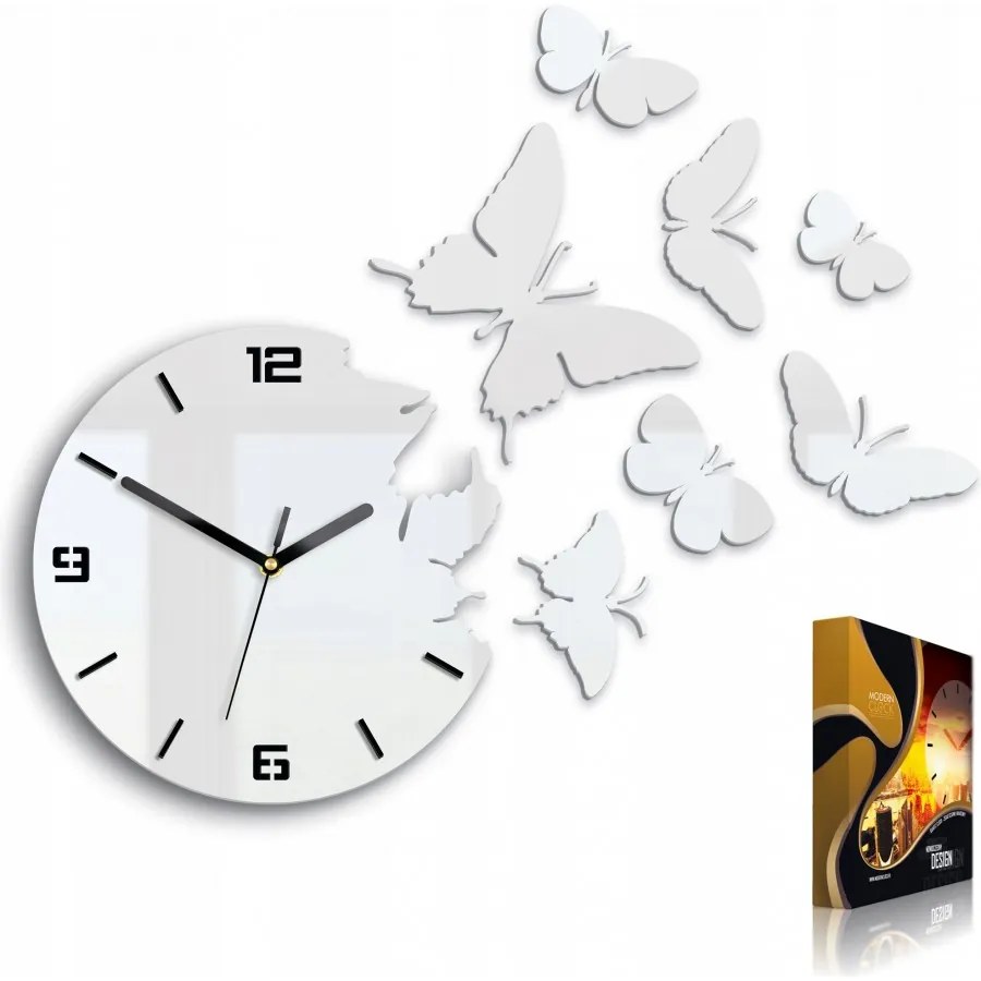 Zegar ścienny nowoczesny do salonu lub sypialni akrylowy biały z motylami