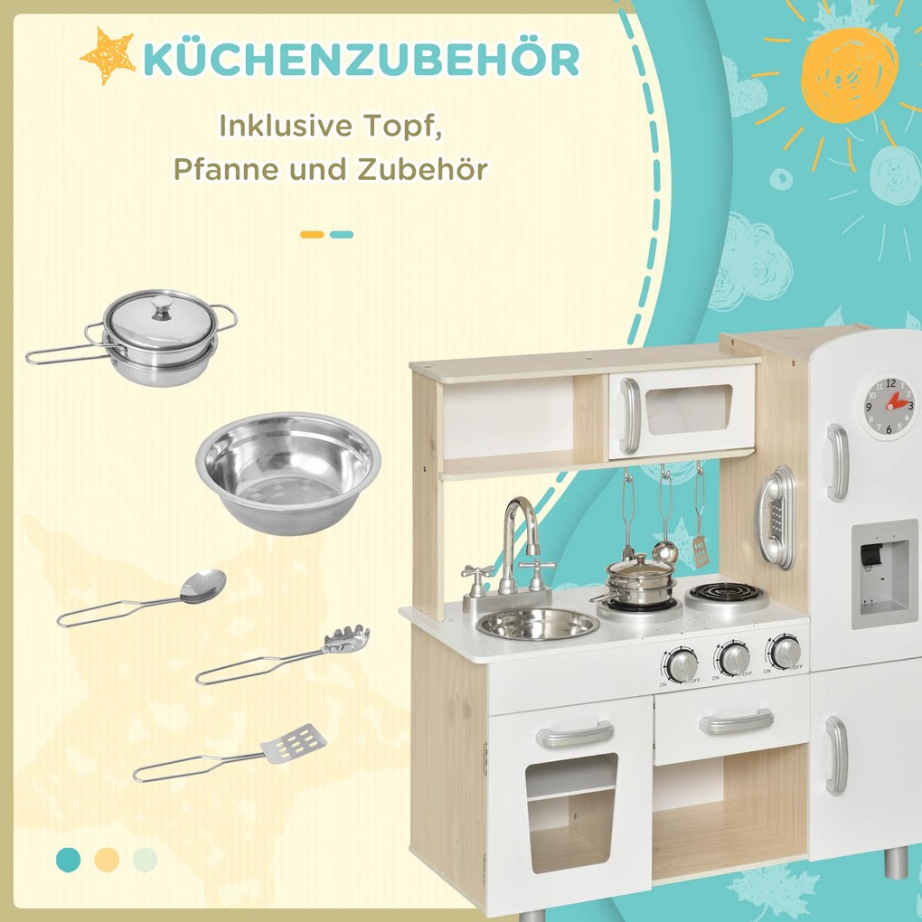 HOMCOM Kuchnia dla Dzieci z Akcesoriami, Marzenie o Kuchni, Zabawkowa Kuchnia, Kuchnia dla Dzieci od 3 Lat, Sosna, MDF, Biały, 74 x 30 x 81 cm